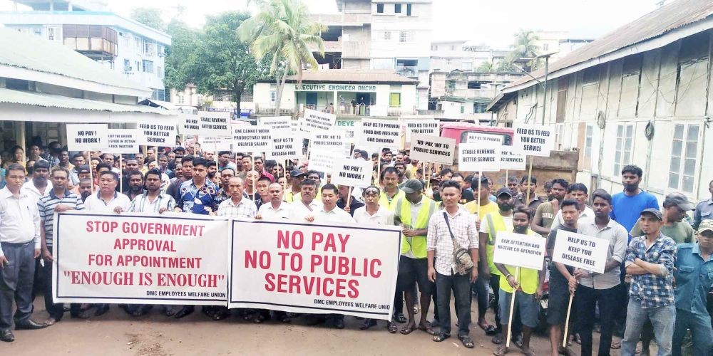 DMC employees protest at the office premises over pending salary on September 12, in Dimapur. (Morung Photo)